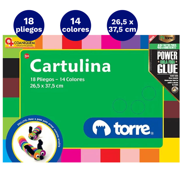 Carpeta Con  Papel Cartulina 18 Hojas 14 Colores Torre