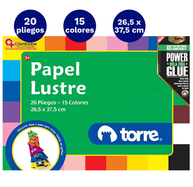 Carpeta Con  Papel Lustre 15 Colores  20 Laminas Torre