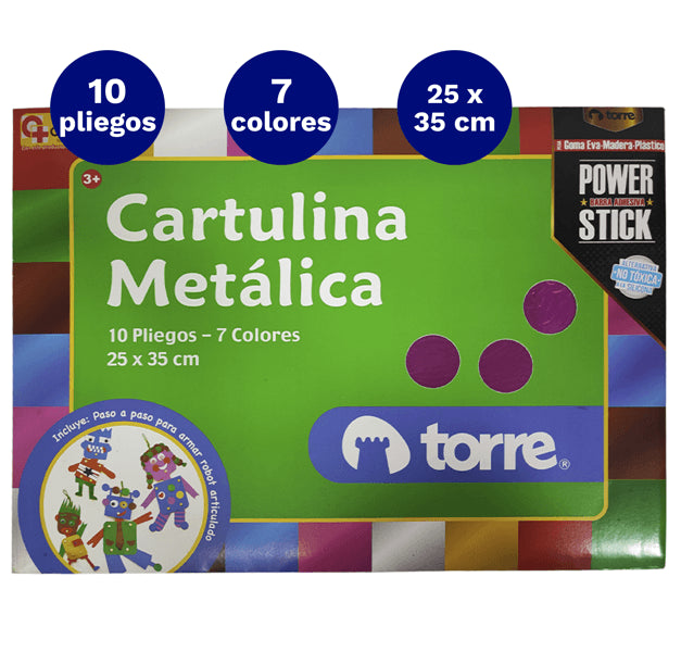 Carpeta Con  Papel Cartulina Metalica 10 Hojas 7 Colores Torre