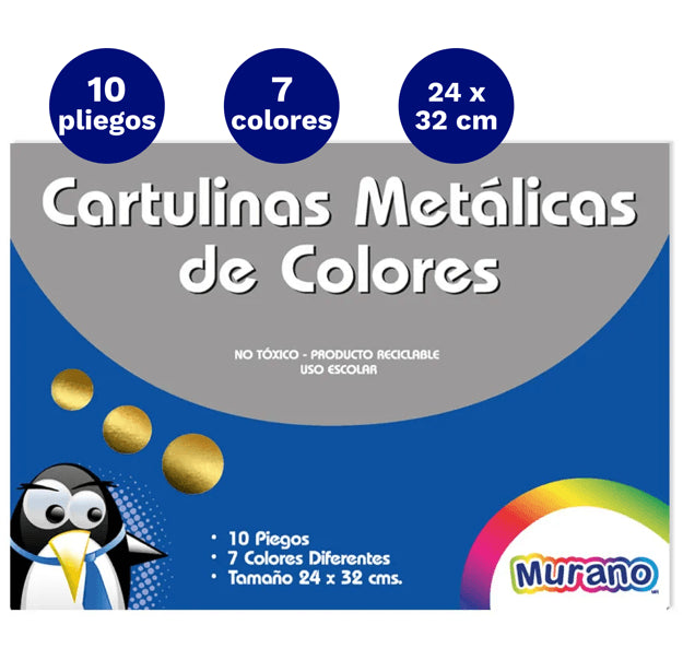 Carpeta Con  Papel Cartulina Metalica 10 Hojas 7 Colores Murano