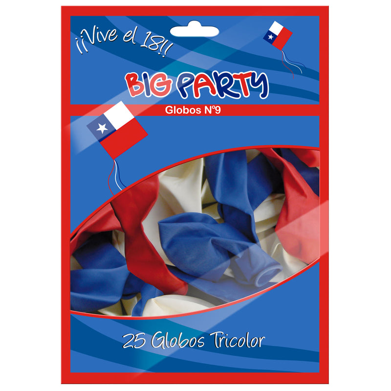 Set De 25 Unidades Globo N9 Tricolor Big Party