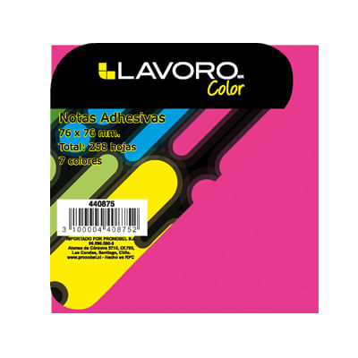 Nota Adhesiva 76 X 76 Mm 258 Hojas 7 Colores Neon+ Blanco Lavoro