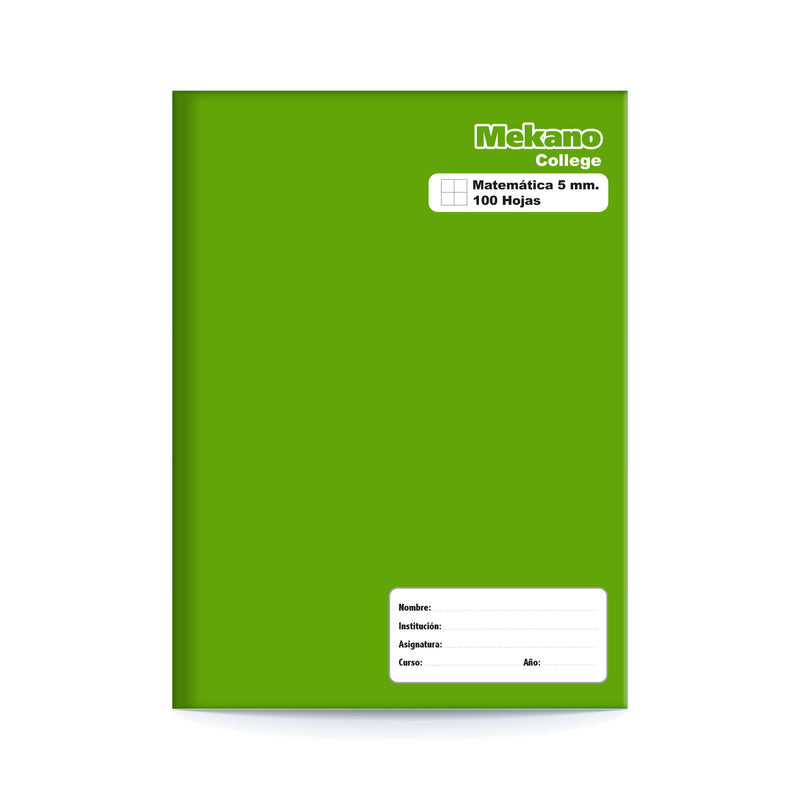 Cuaderno College Tapa Verde Matematicas 5 Mm 100 Hojas Mekano