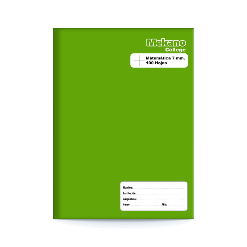 Cuaderno College Tapa Verde Matematicas 7 Mm 100 Hojas Mekano