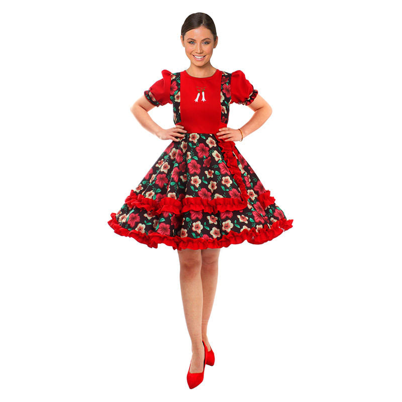 Vestido Huasa Chinita Floreado Fucsia y Negro Talla M Fiestamania