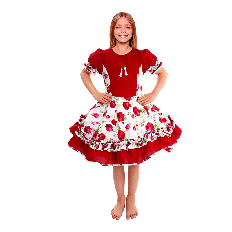 Vestido Huasa Chinita Floreado Burdeo y Blanco Talla 3-4 Fiestamania